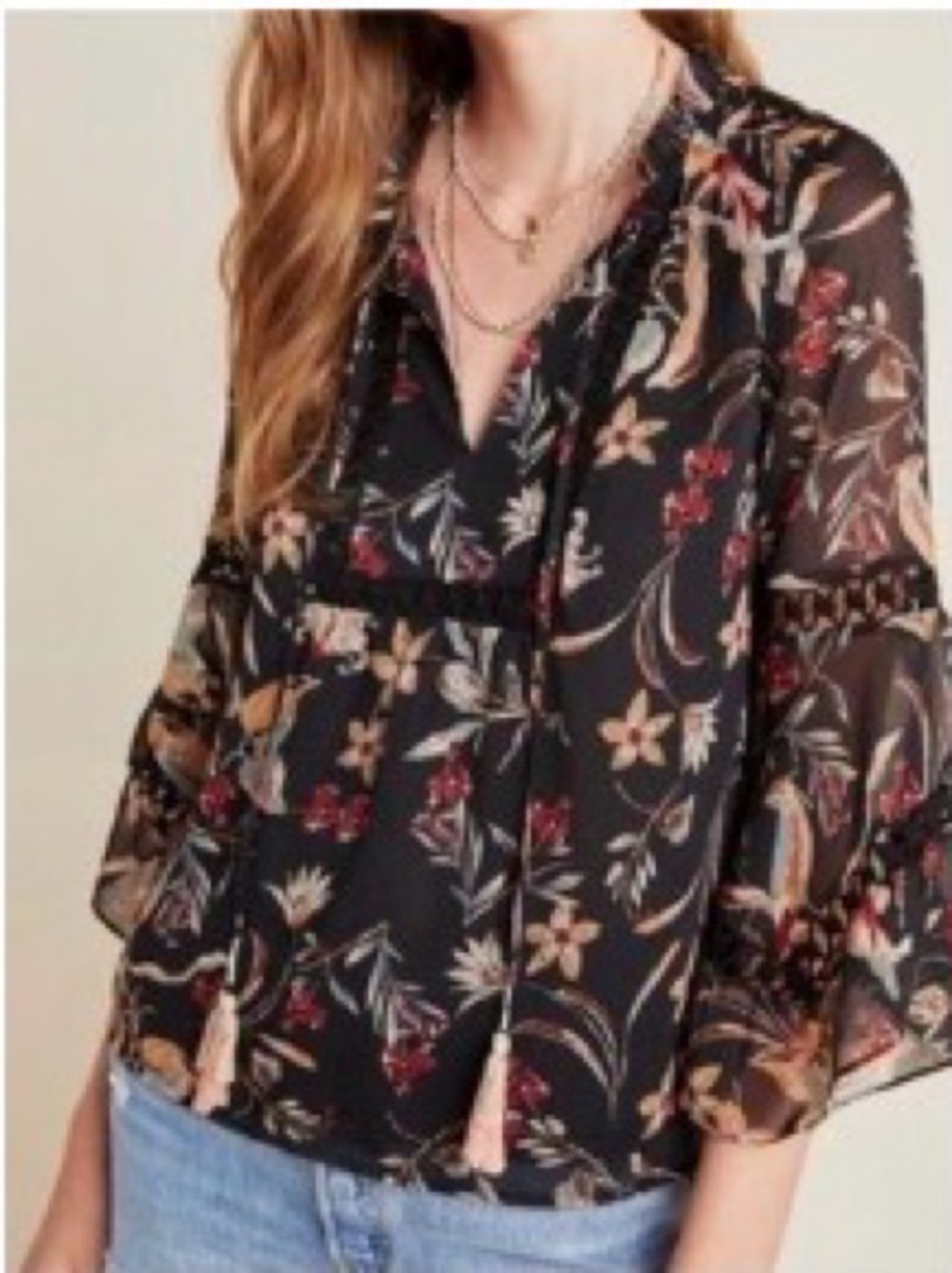 Anthroplogie Maeve Odette Bell Sleeve Blouse w/ Crochet Details & Tassels